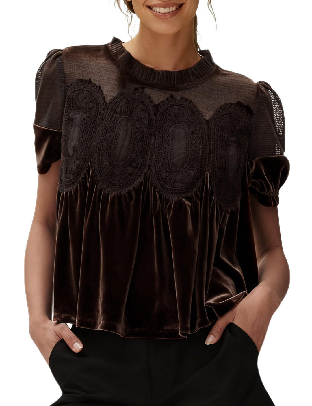 Women's velvet blouse with lace trim, transparent insert, and gathered A-line Mune Fashion