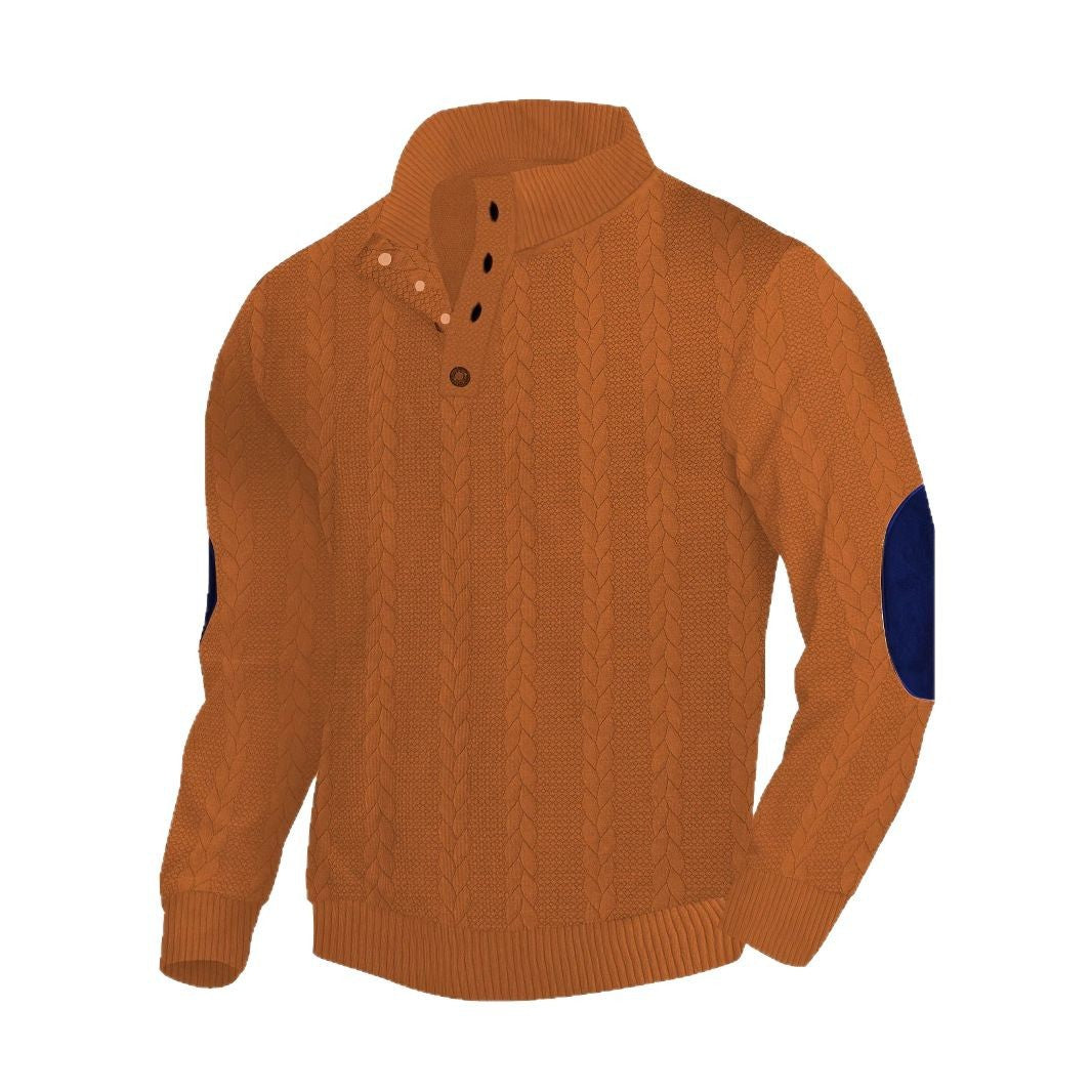 Men's casual cable knit pullover with reinforced button placket and suede elbow patches Mune Fashion