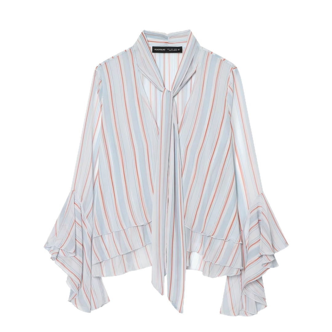 Women's Lightweight Chiffon Blouse with Bow, Ruffle Hem and Flared Bell Sleeves Mune Fashion