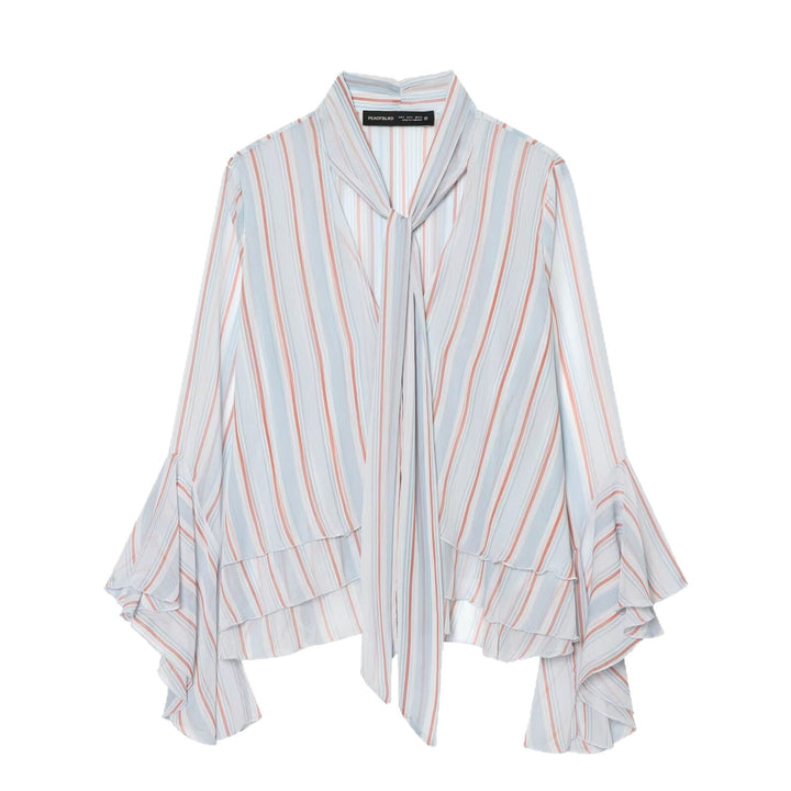Women's Lightweight Chiffon Blouse with Bow, Ruffle Hem and Flared Bell Sleeves Mune Fashion