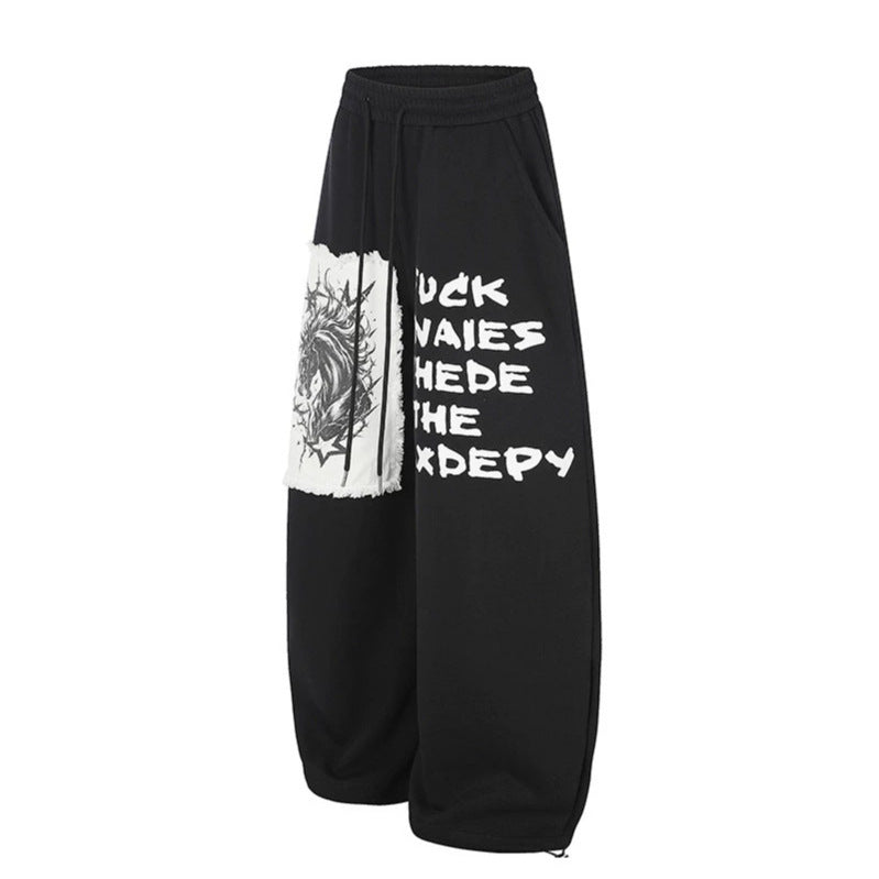 Women Extra Wide Palazzo Sweatpants in Street Style with Horse Patch, Drawstring Waistband and Adjustable Hem