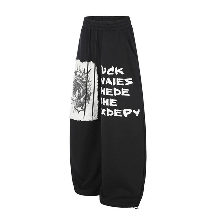 Women Extra Wide Palazzo Sweatpants in Street Style with Horse Patch, Drawstring Waistband and Adjustable Hem