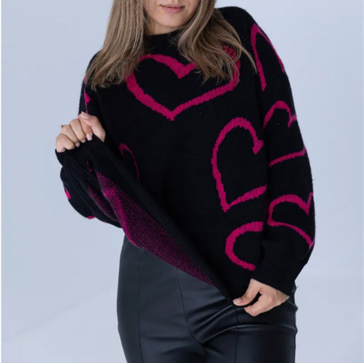 Women's Cozy Jacquard Sweater with Heart Motif and Loose Oversized Fit Mune Fashion