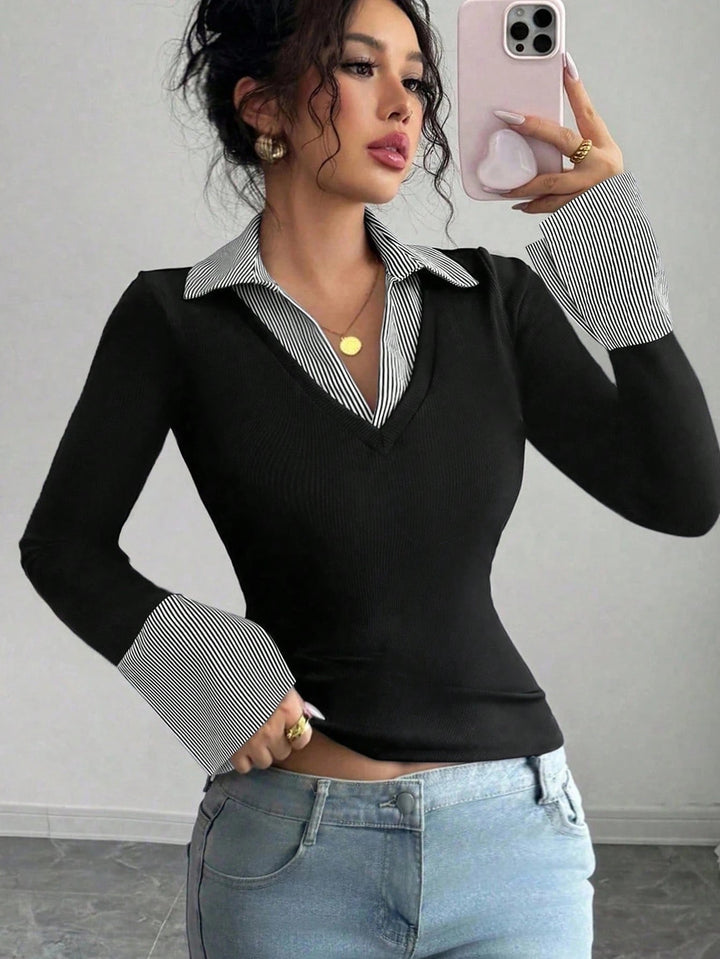 Women's Fitted Fine Knit Top with Shirt Collar and Contrast Cuffs Mune Fashion