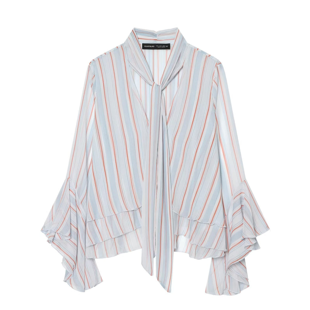 Women's Lightweight Chiffon Blouse with Bow, Ruffle Hem and Flared Bell Sleeves Mune Fashion
