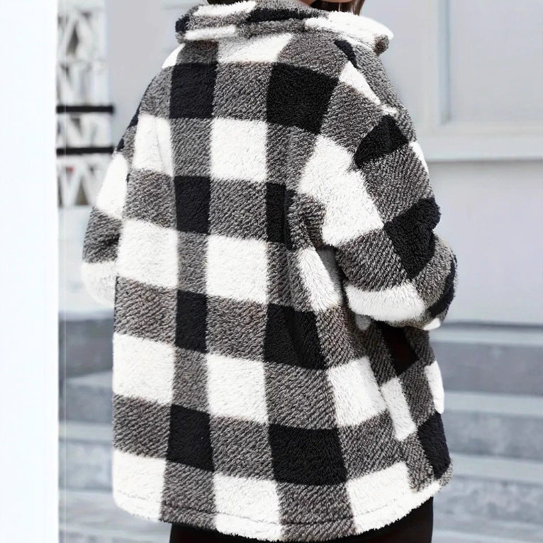 Ladies non-padded checkered teddy fleece shacket with button placket and patch pockets Mune Fashion