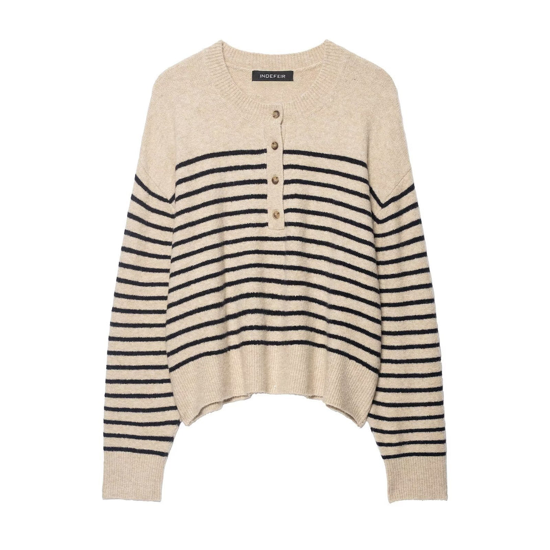 Women's Striped Fine Knit Henley Sweater with Dropped Shoulder and Ribbed Hem Mune Fashion