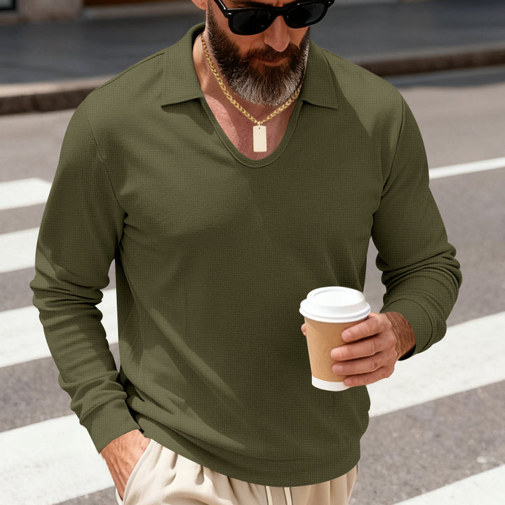 Men's patterned long sleeve polo with V-neck and open kent collar Mune Fashion