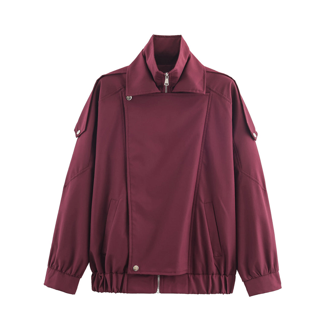 Women's oversized bomber jacket with asymmetric placket front, standing collar, and drawstring hem Mune Fashion