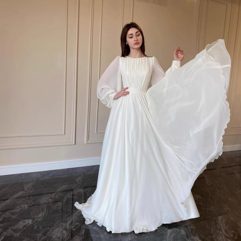 Mune Fashion | Transparent White Wedding Dress Round Neck Long Sleeve Dress