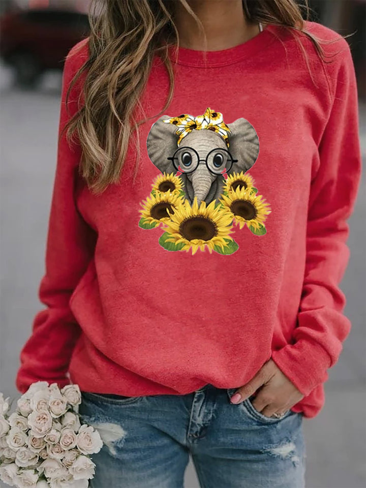 Women’s sweatshirt with elephant print, sunflower motif, and soft fleece Mune Fashion