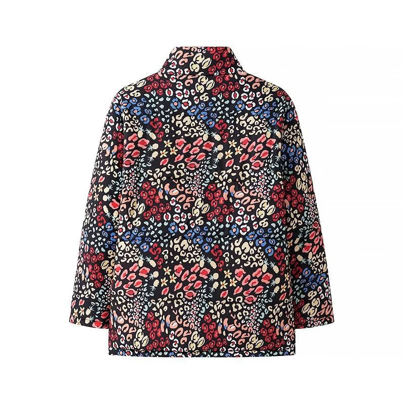 Women Lightweight Quilted Short Jacket with Stand-Up Collar, Boxy Silhouette and Colorful Animal-Floral Print Mune Fashion