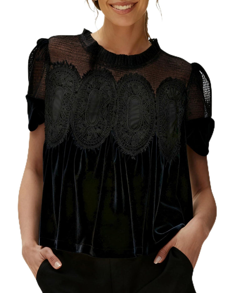 Women's velvet blouse with lace trim, transparent insert, and gathered A-line Mune Fashion