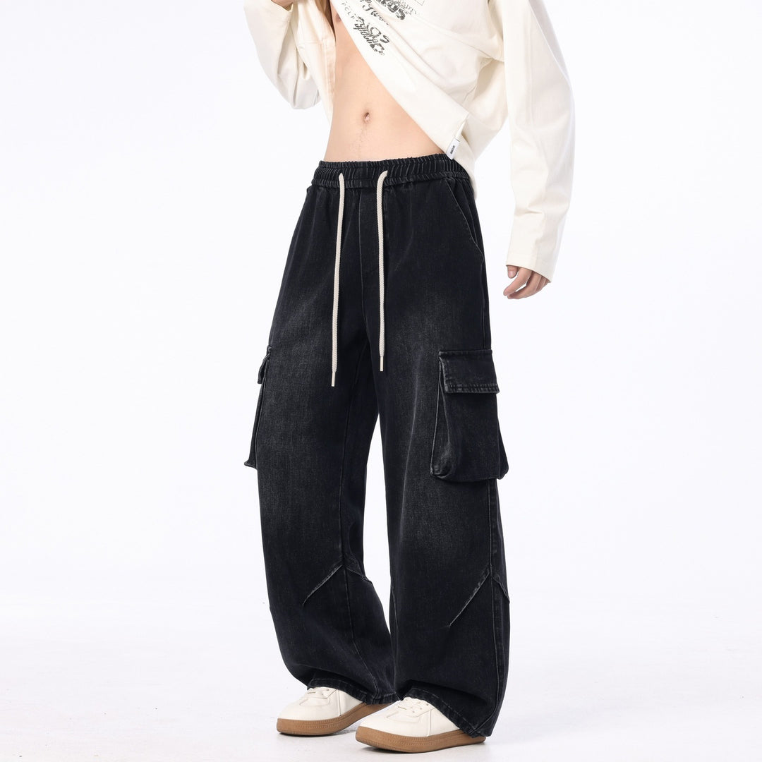 Men's Loose Cargo Denim Pants with Drawstring, Used Wash and Oversized Fit Mune Fashion