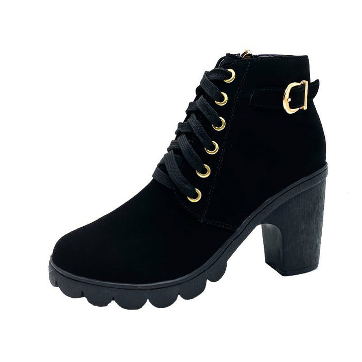 Women's elegant lace-up ankle boots with mid-block heel, grooved rubber sole, and decorative metal buckle Mune Fashion