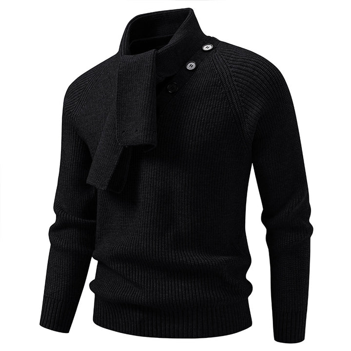 Men's knitted sweater with integrated funnel collar scarf and button detail Mune Fashion
