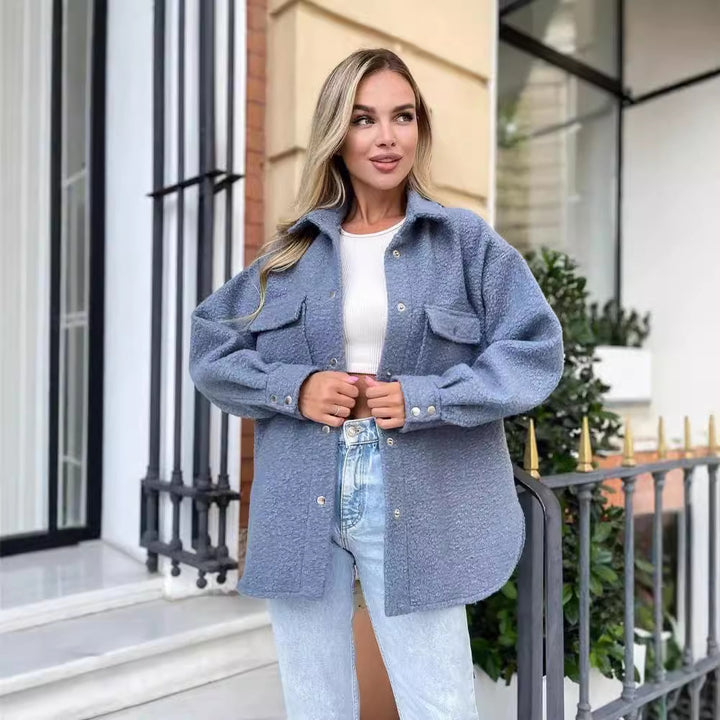 Women's Oversized Teddy Transitional Jacket with Chest Pockets and Snap Buttons Mune Fashion