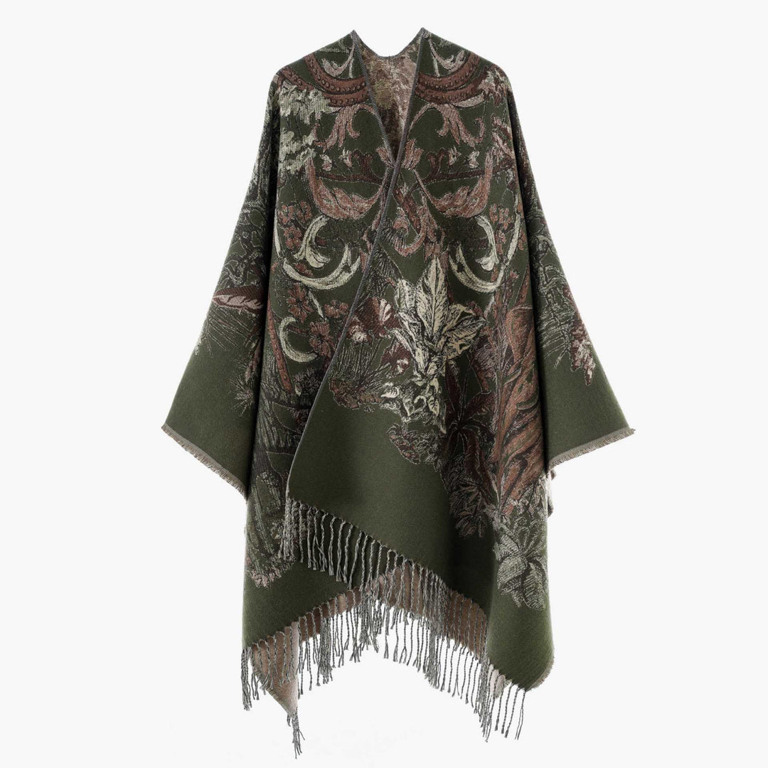 Women Ornamental Jacquard Cape‑Style Throw with Fringed Hem Mune Fashion