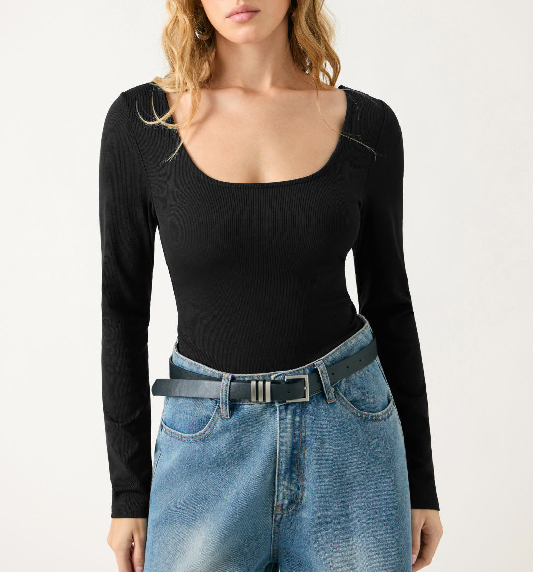 Women's fitted rib fine-knit long sleeve with wide boat neckline Drune