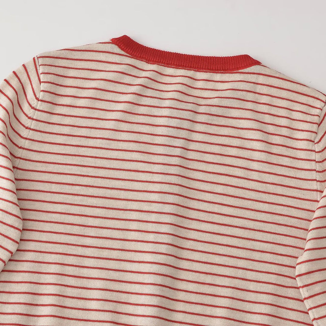 Women Striped Cropped Fine Knit Cardigan with Heart Buttons and Rib Trimmings Mune Fashion