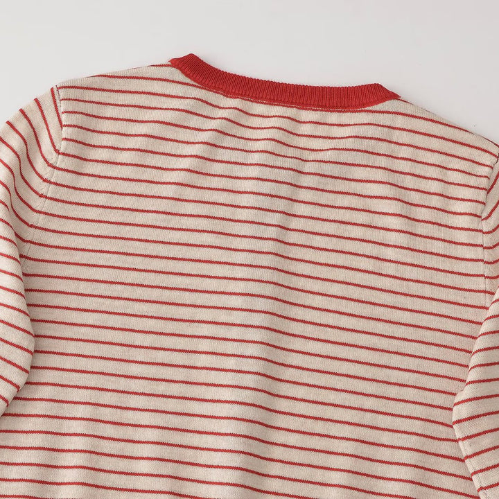 Women Striped Cropped Fine Knit Cardigan with Heart Buttons and Rib Trimmings Mune Fashion