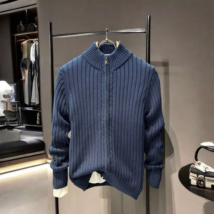 Men's ribbed structure zip jacket made of cotton blend with stand-up collar Mune Fashion