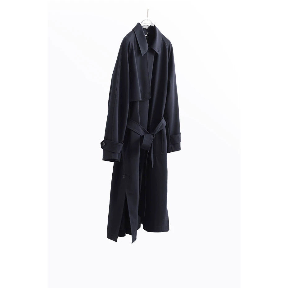 Ladies Fashionable Long Coat with High Neck Collar and Waist Belt Mune Fashion