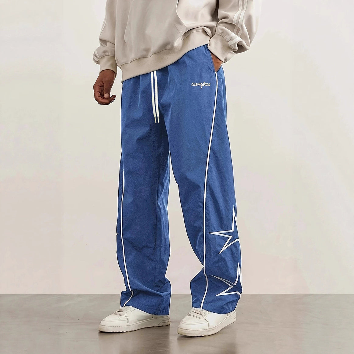 Men's Wide Trackpants with Contrast Piping, Drawstring and Star Application Mune Fashion