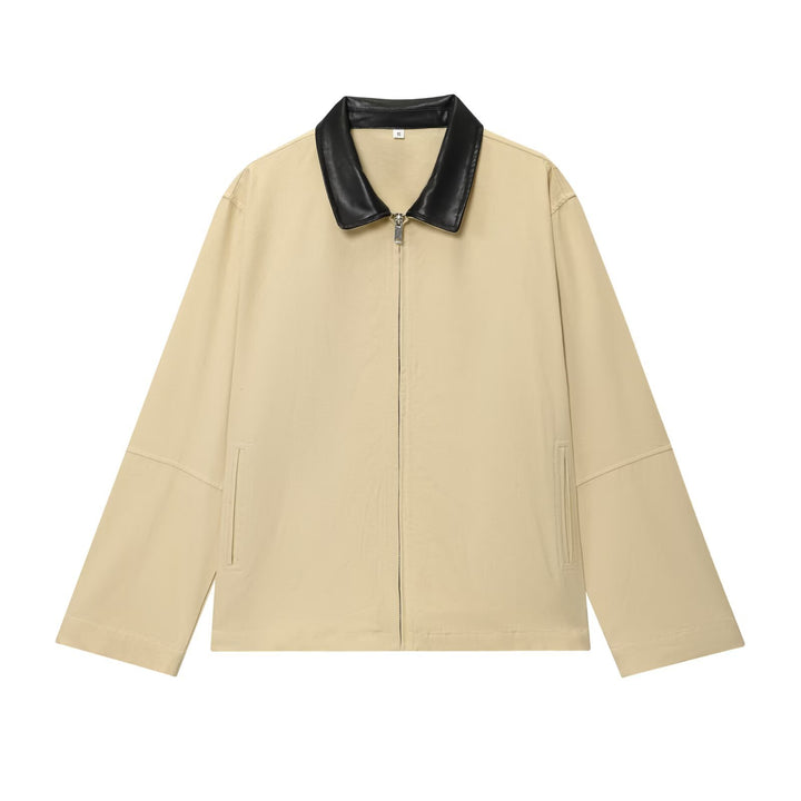 Women's Oversized Jacket with Zipper and Contrasting Faux Leather Collar Mune Fashion