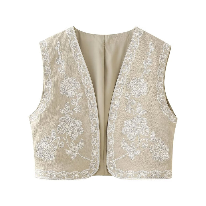 Women's embroidered short vest with floral embroidery, open front and fine hem decoration Mune Fashion