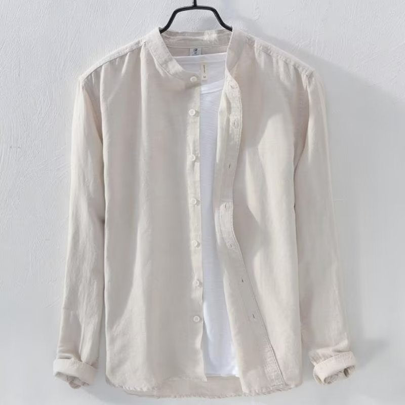 Men's lightweight linen shirt with stand collar and full button placket Mune Fashion