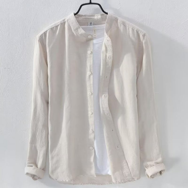 Men's lightweight linen shirt with stand collar and full button placket Mune Fashion