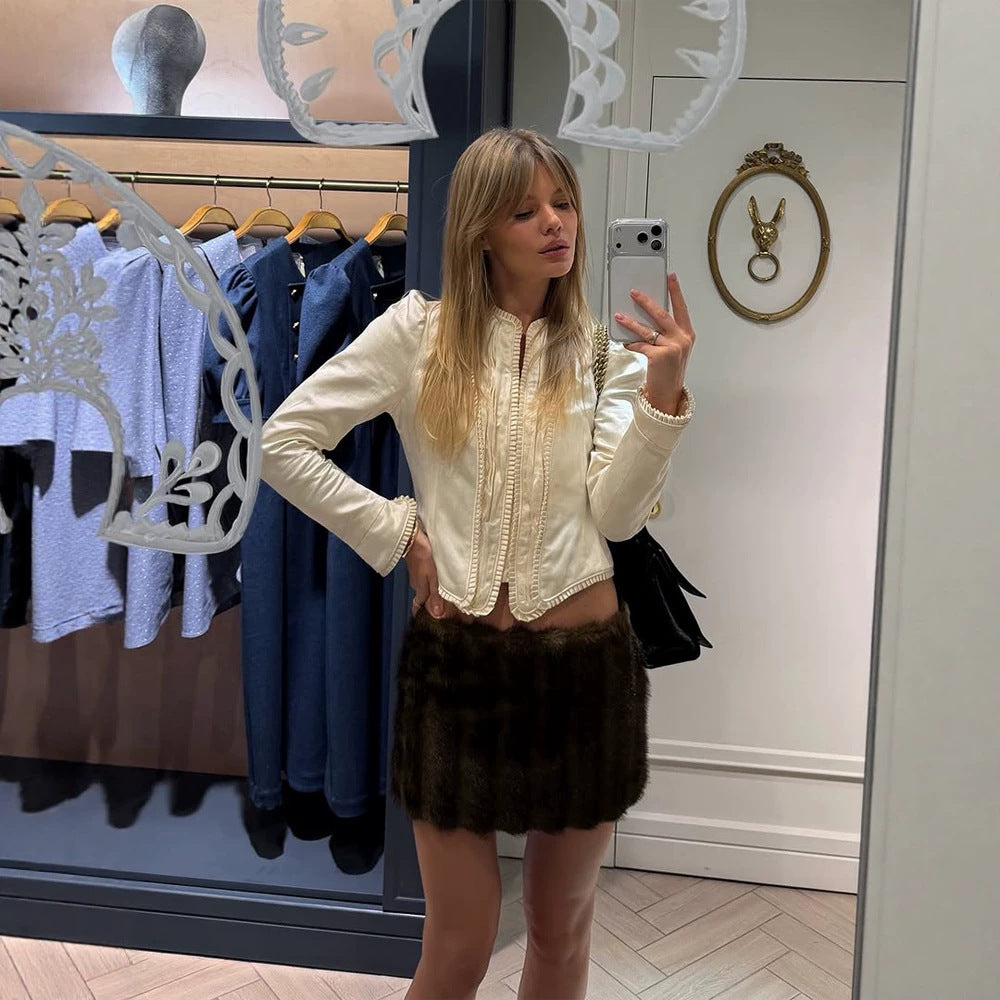 Women Tailored Cropped Blazer with Sculpted Shoulder and Decorative Trimmings Mune Fashion