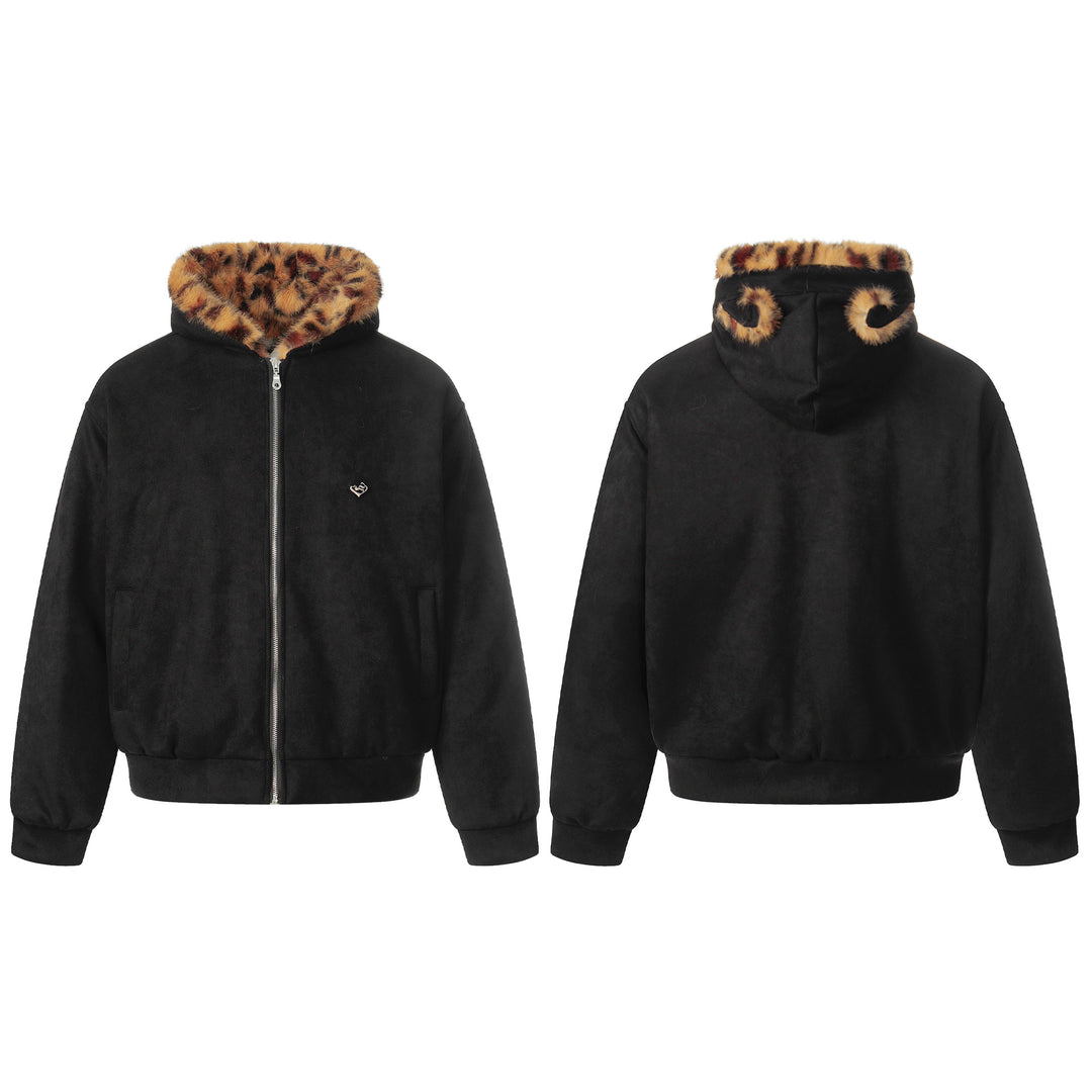 Women's Cozy Velvet Bomber with Leopard-Lined Collar and Elastic Hem