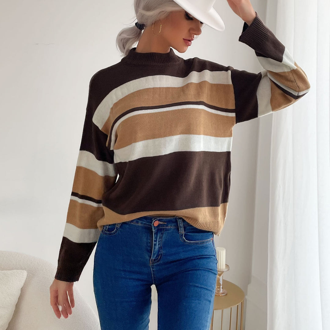 Women's Striped Fine Knit Sweater with Stand-Up Collar Mune Fashion