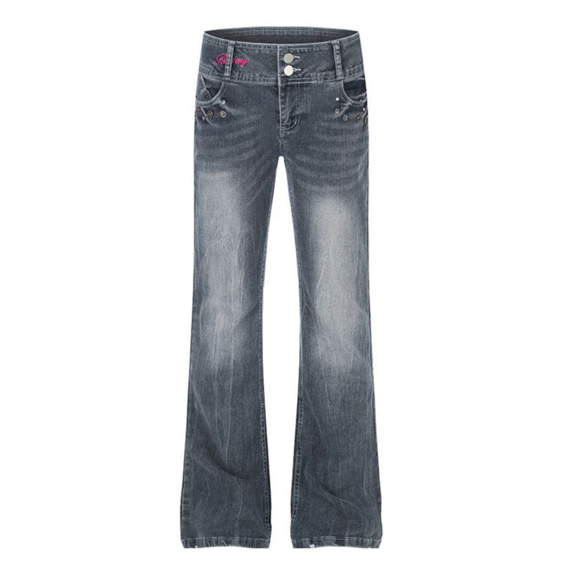 Women's High-Waist Flared Jeans with Wide Leg, Double Button and Stud Detail Mune Fashion