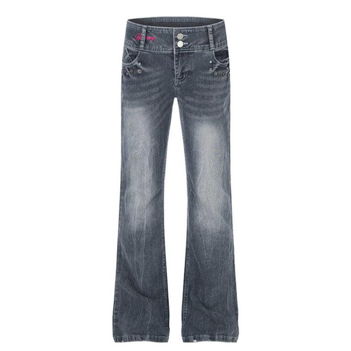 Women's High-Waist Flared Jeans with Wide Leg, Double Button and Stud Detail Mune Fashion