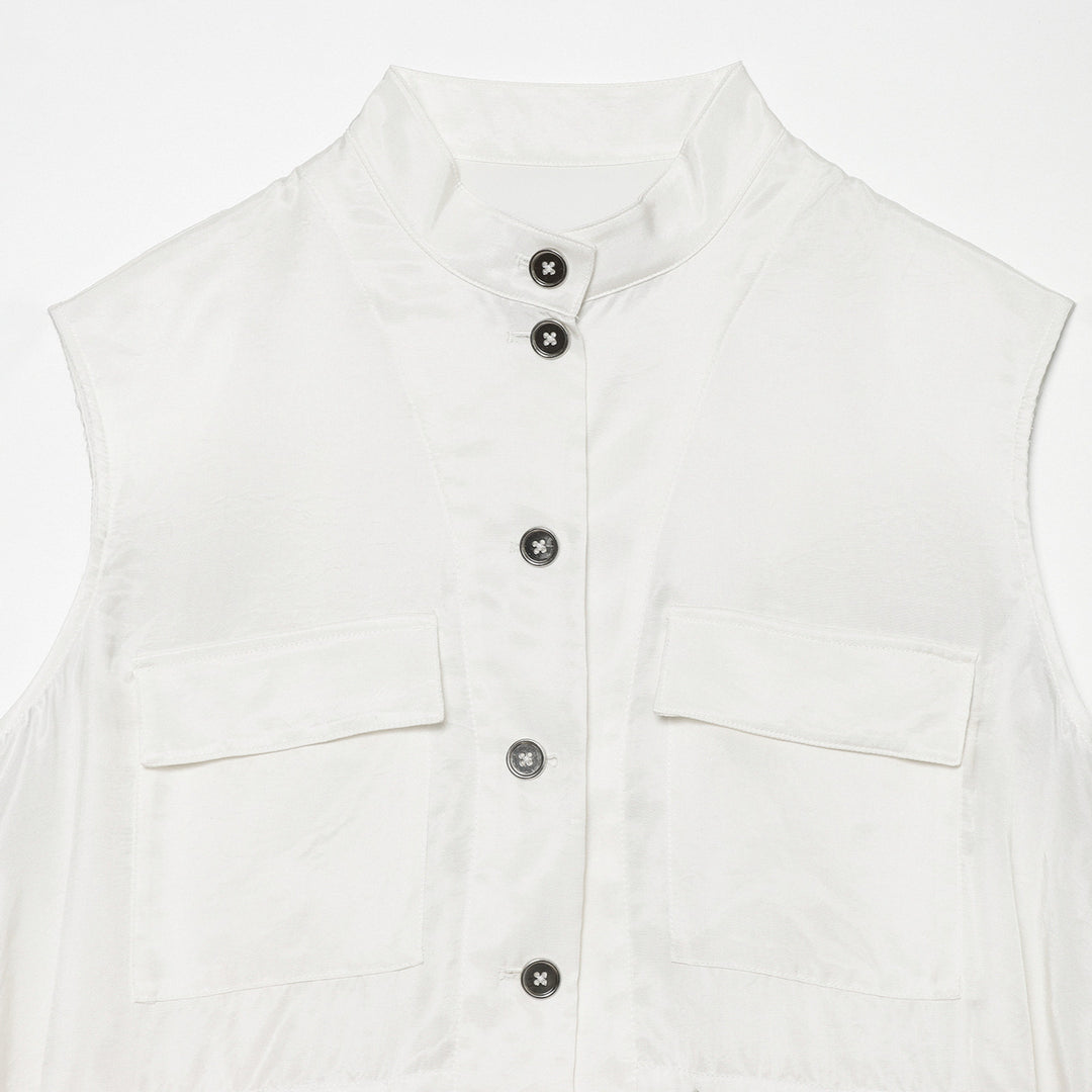 Women's utility vest with stand-up collar, button placket, drawstring, and patch pockets Mune Fashion