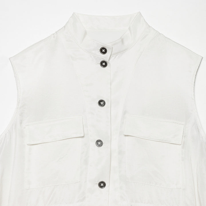 Women's utility vest with stand-up collar, button placket, drawstring, and patch pockets Mune Fashion