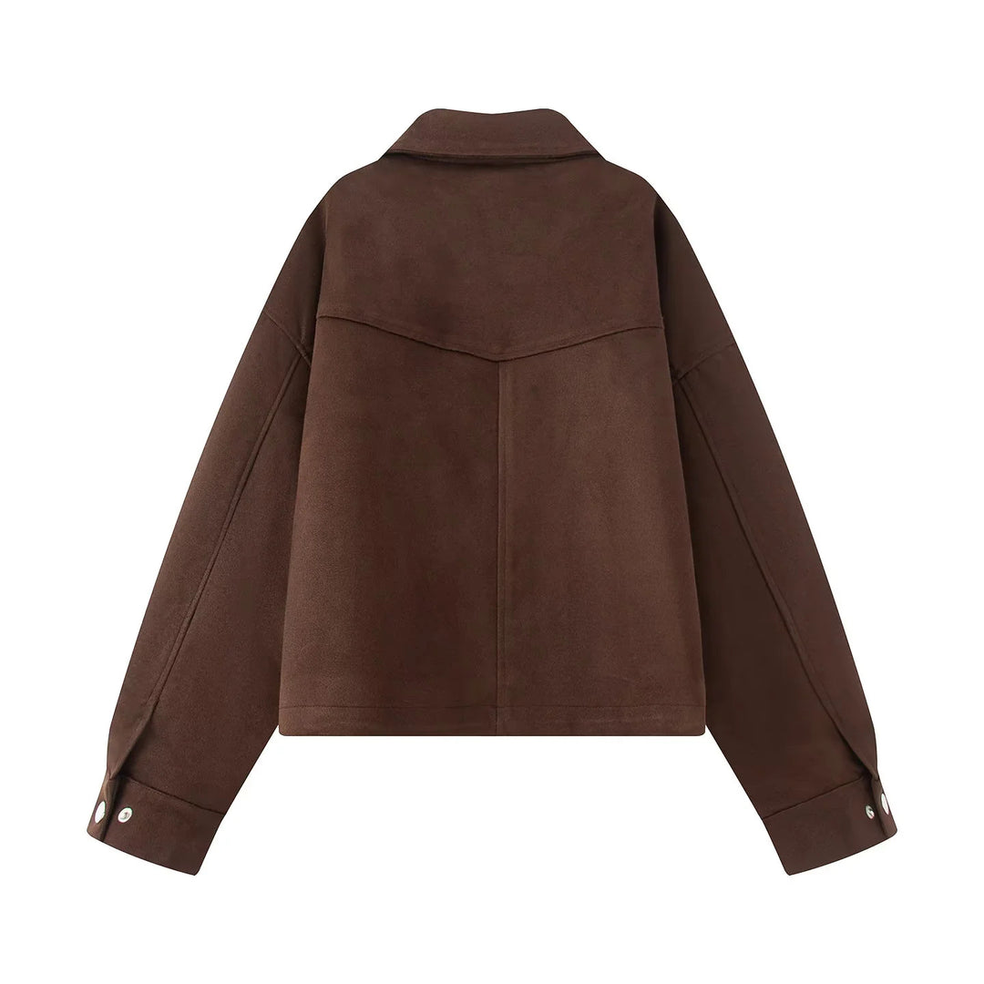 Women's boxy short utility jacket with large flap pockets, snap button placket, and drop shoulder Mune Fashion
