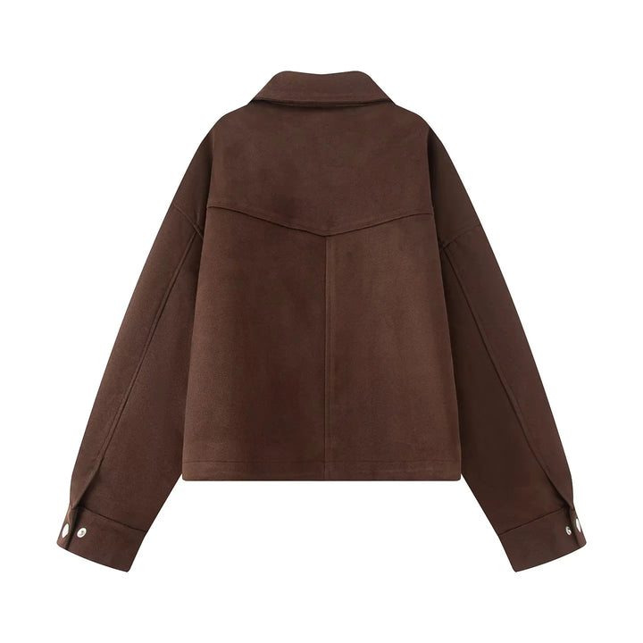 Women's boxy short utility jacket with large flap pockets, snap button placket, and drop shoulder Mune Fashion