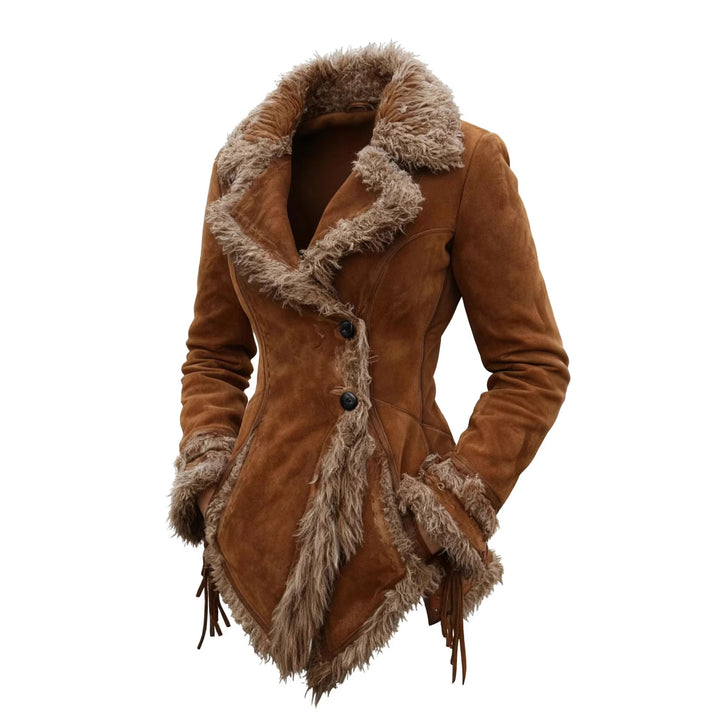 Women faux suede tailored coat with cozy faux fur trim and fringe Mune Fashion