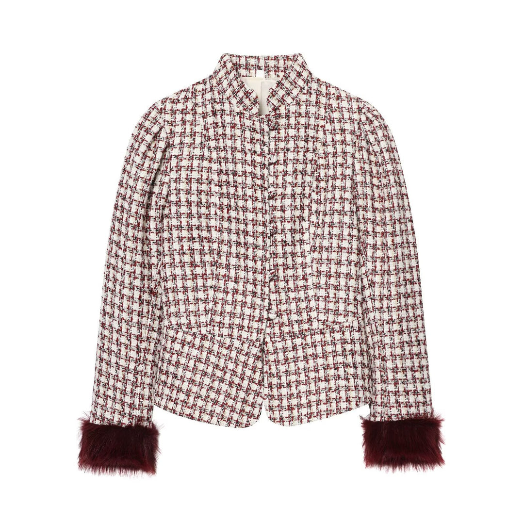 Women's short jacket made of boucle tweed with stand-up collar and faux fur cuffs Mune Fashion