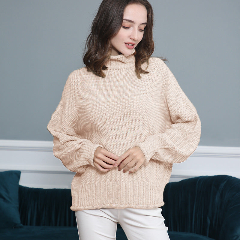 Women's Chunky Knit Turtleneck Sweater with Balloon Sleeves Mune Fashion