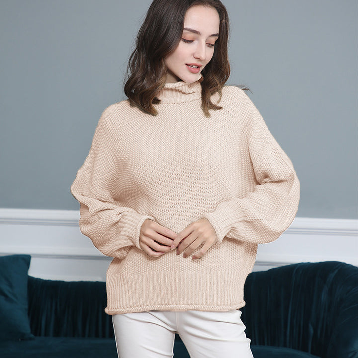 Women's Chunky Knit Turtleneck Sweater with Balloon Sleeves Mune Fashion