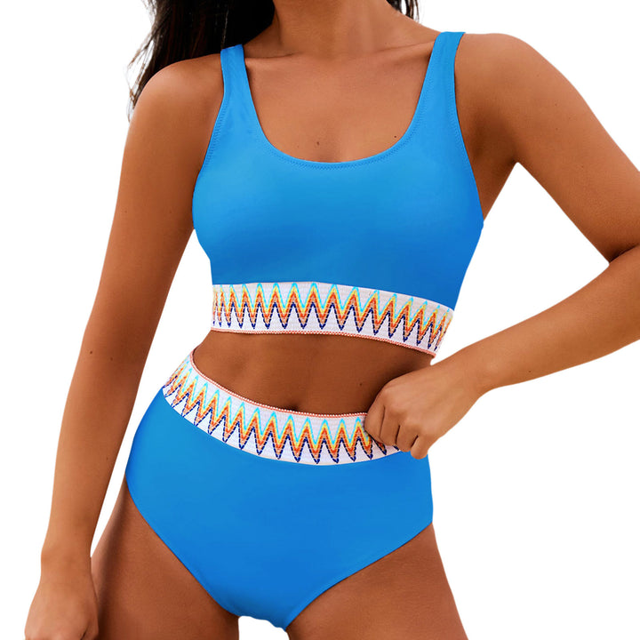 Women's High Waisted Bikini Set with Trendy Striped Band Mune Fashion