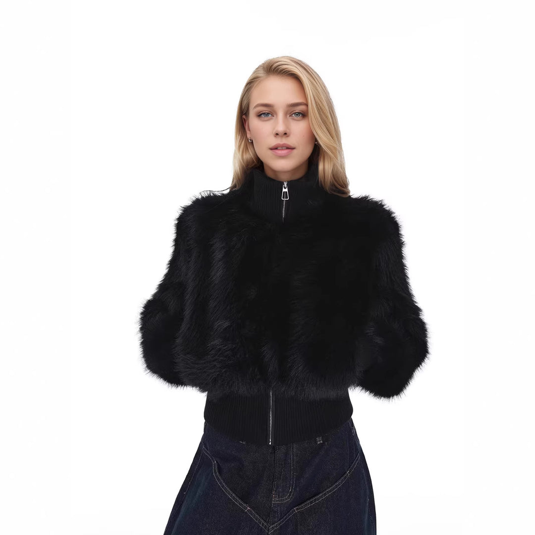 Women's Short Faux Fur Bomber Jacket with Boxy Silhouette and Zipper Detail Mune Fashion