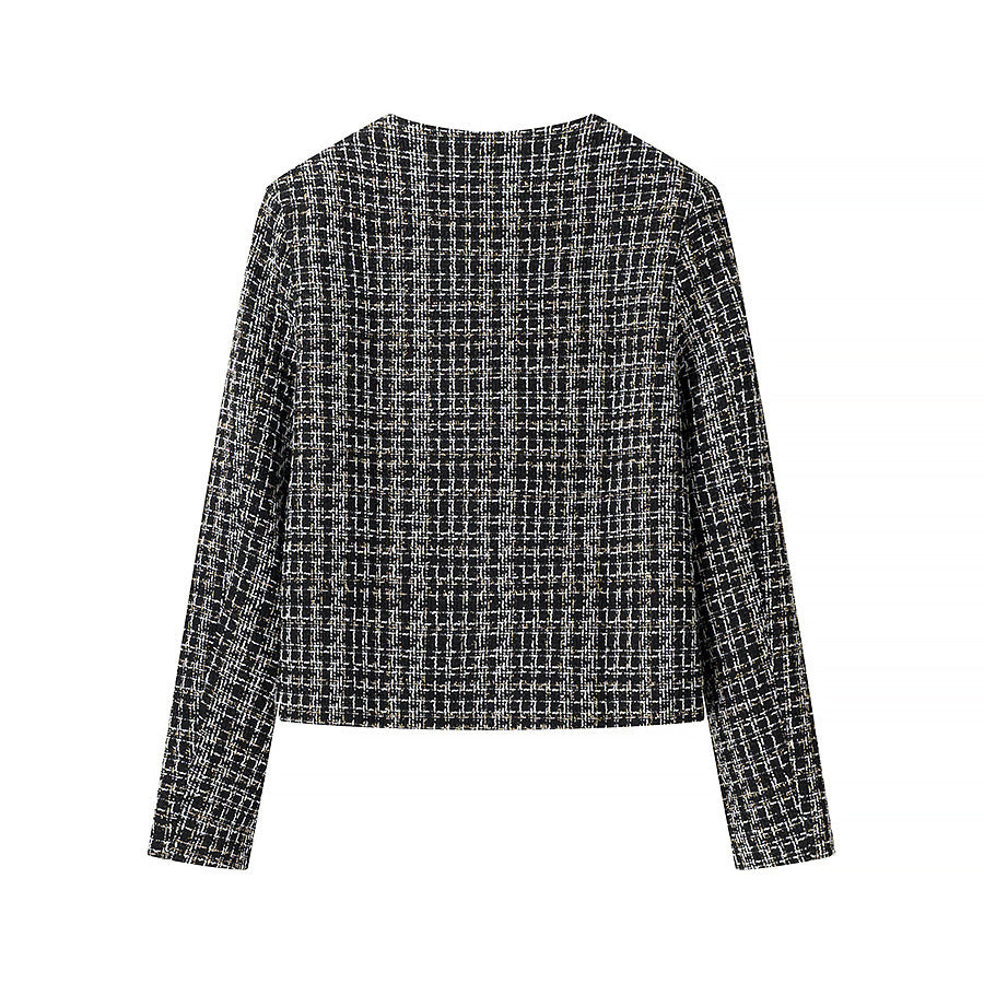 Women's short bouclé tweed jacket with round neck, decorative gold buttons, and patch pockets Mune Fashion