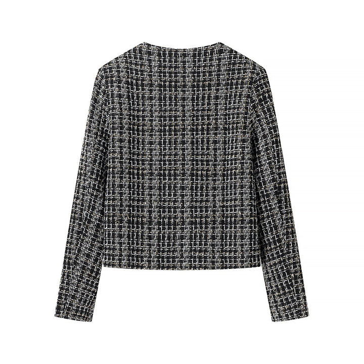 Women's short bouclé tweed jacket with round neck, decorative gold buttons, and patch pockets Mune Fashion