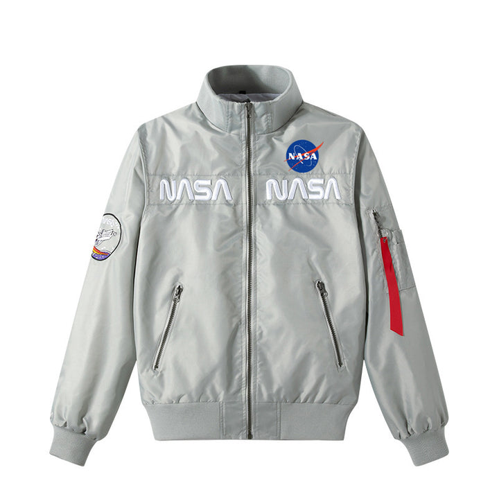 Men's  retro space-logo nylon zip bomber with angled zip pockets and utility sleeve tab Mune Fashion